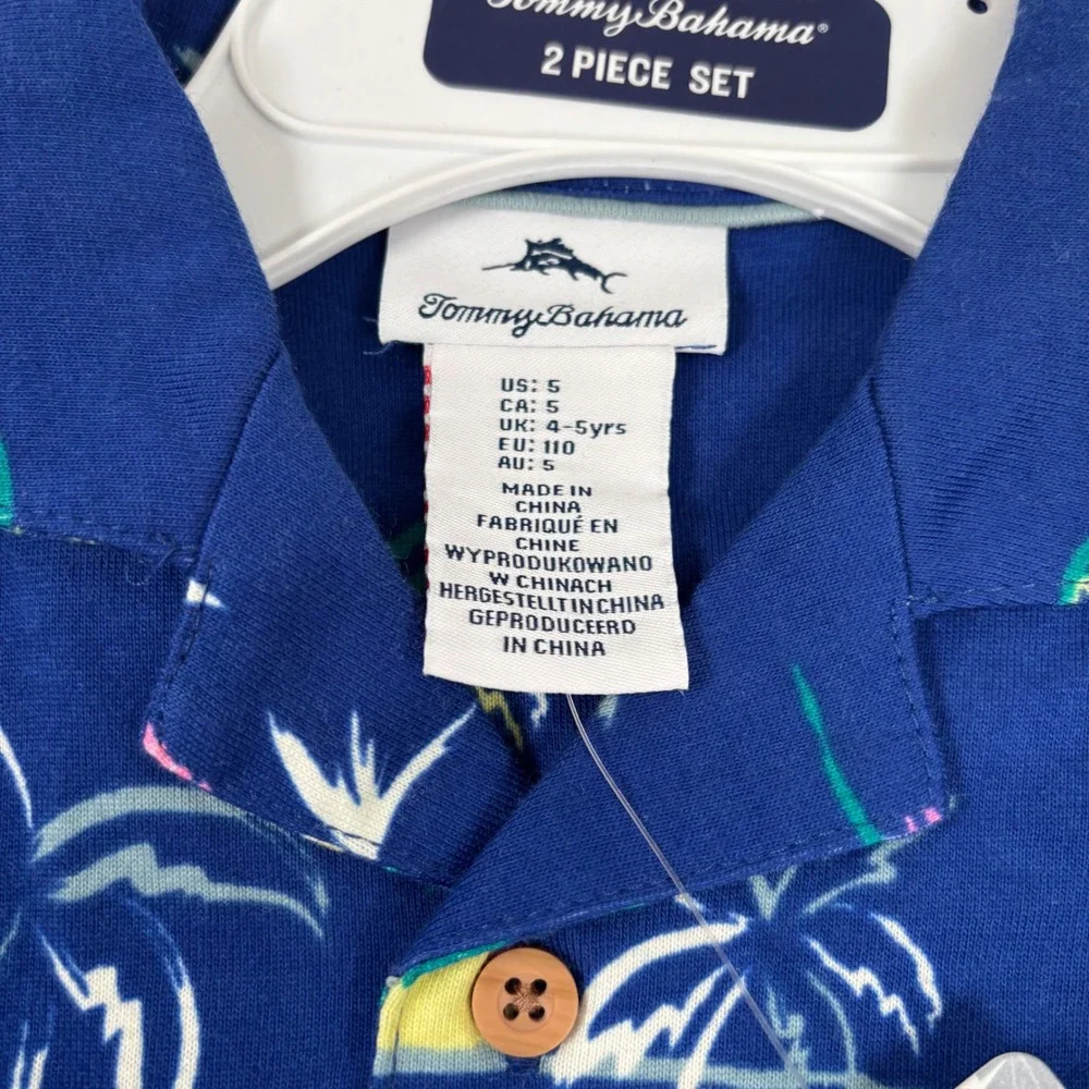 Tommy Bahama Kids Size 5 Blue Palm Tree Shirt & Sage Shorts 2 Piece Set NEW